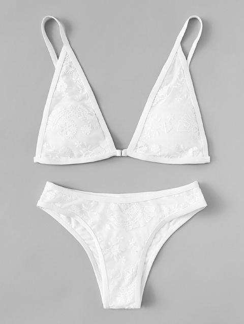 V-plunge Gesticktes Blumen Bikini Set