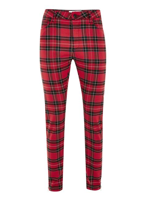 Red Check Zip Stretch Skinny Trousers