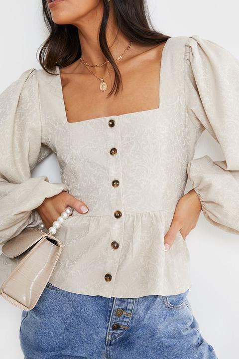 Stone Tops - Lorna Luxe Stone 'windsor' Jacquard Puff Sleeve Square Neck Peplum Top