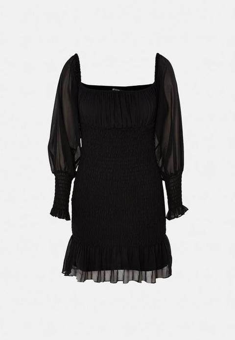 Black Bardot Shirred Mini Dress, Black