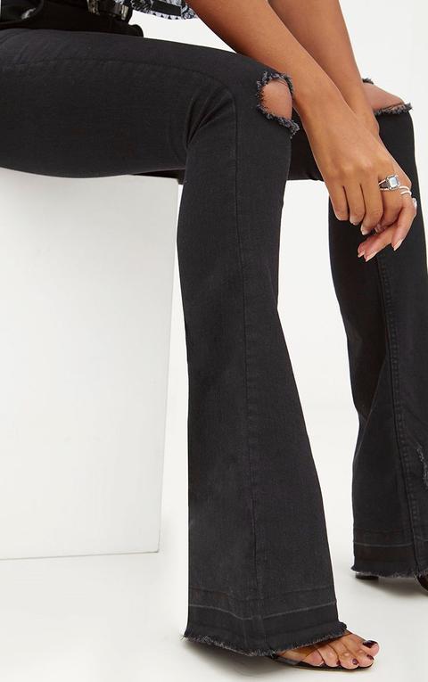 Black Distressed Knee Flare Jean