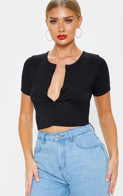 Black Button Front Short Sleeve Crop Top