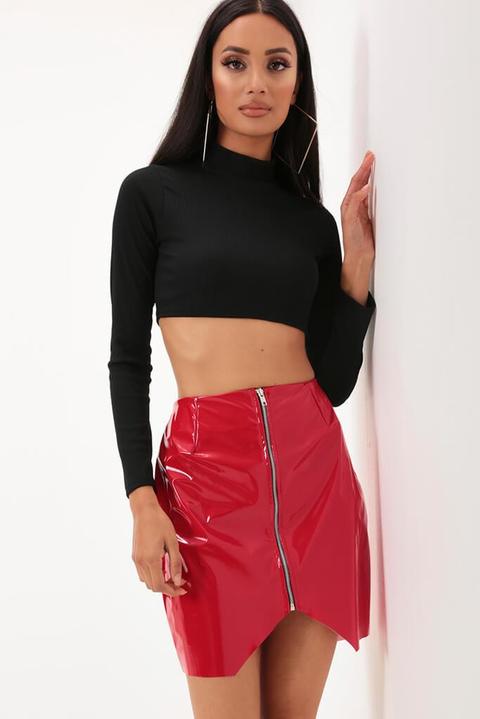 Red Zip Front Faux Leather Skirt from I 