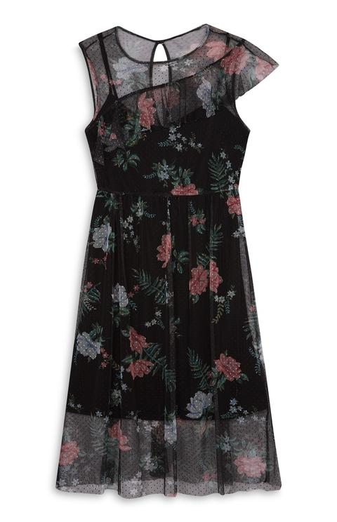 Vestido Malla Negro Con Estampado Floral