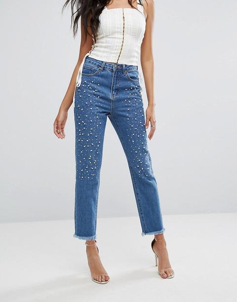 Boohoo - Boyfriend Jeans Decorati Con Perle - Blu