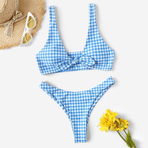 Bikini Con Lazo Delantero De Guingán Cortado Alto