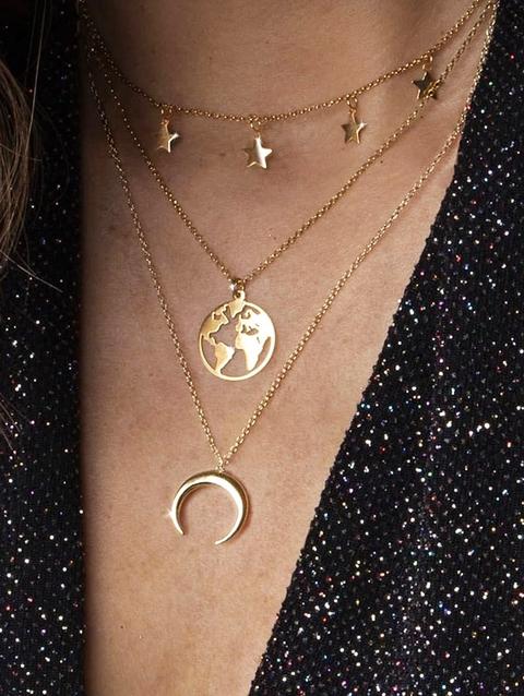 Star Moon Map Layered Necklace Gold