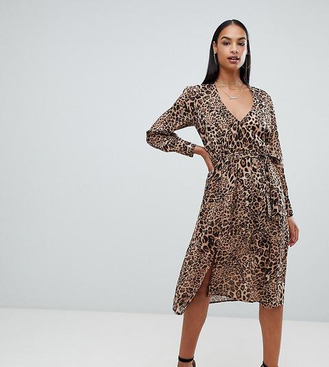 Vestido Midi De Manga Larga Con Parte Delantera Cruzada Y Estampado De Leopardo De Boohoo