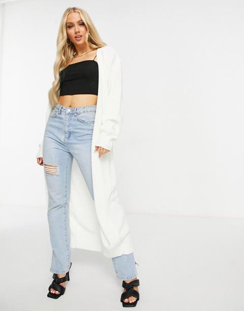 Fashionkilla Knitted Longline Cardigan In Ecru-white