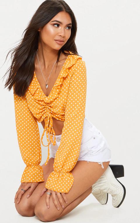 Mustard Polka Dot Ruched Front Blouse, Mustard Polkadot