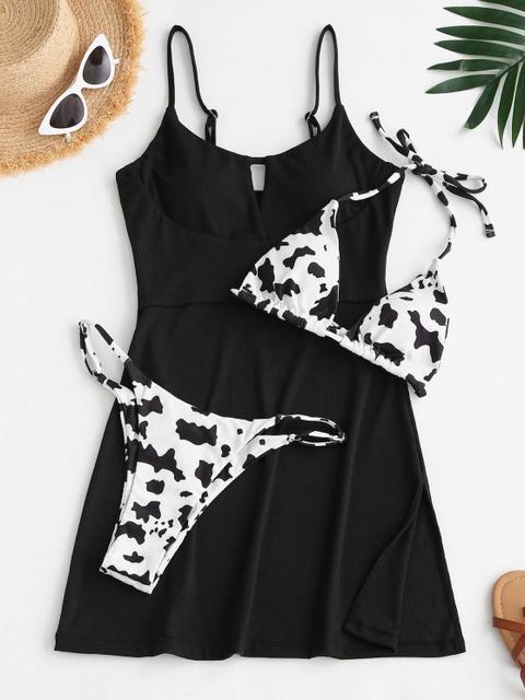 Zaful Ribbed Cow Print Three Piece String Bikini Swimwear Black