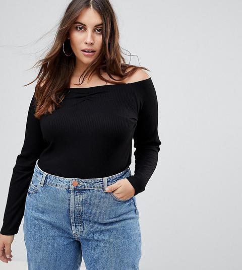 Asos Design Curve - Top Nero A Coste Con Spalle Scoperte E Scollo Alla Bardot - Nero