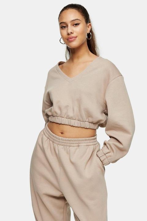 Petite Premium Leisure Stone V Neck Cropped Sweatshirt