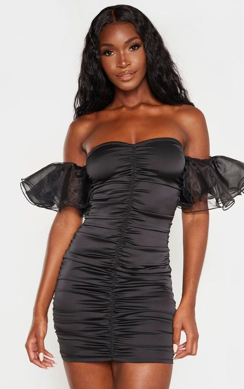 Black Satin Ruched Ruffle Chiffon Sleeve Bodycon Dress