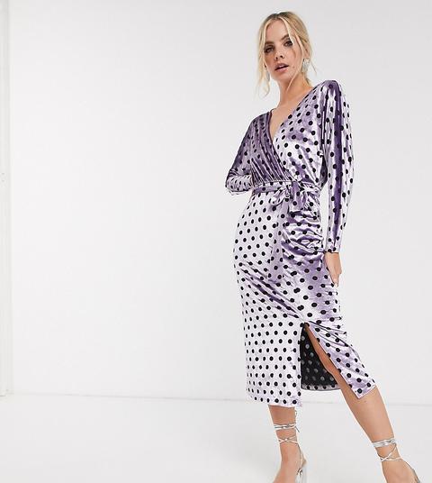 Vestido Midi De Terciopelo Con Diseño Cruzado, Cinturón Y Estampado De Lunares En Lila De Asos Design Petite-multicolor