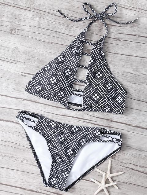 Argyle Print High Neck Hollow Bikini Set