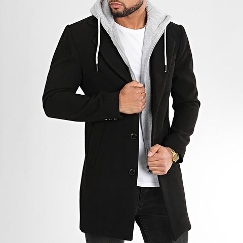 Manteau Capuche Caban-28 Noir Gris Chiné