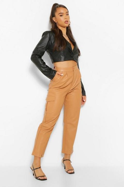 Womens Leather Look Split Hem Slim Fit Trousers - Beige - 10, Beige