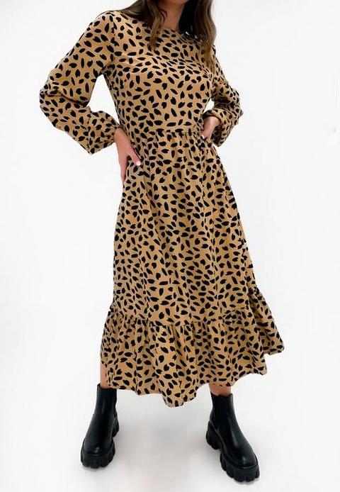 Stone Dalmatian Ruffle Hem Midi Smock Dress, Stone