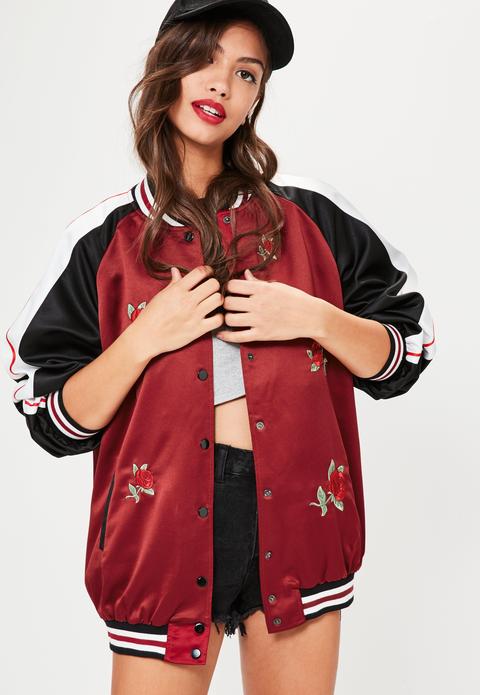 Red Colour Block Floral Embroidery Bomber Jacket