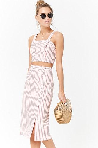 Forever 21 Striped Linen-blend Skirt Ivory/red