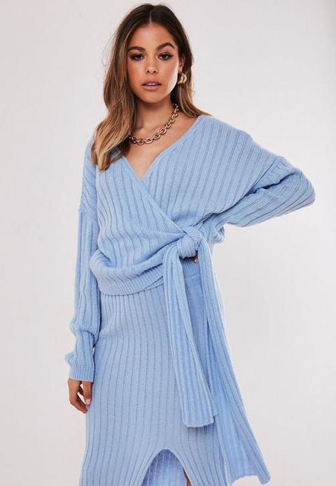 Blue Co Ord Wrap Tie Knitted Jumper, Blue