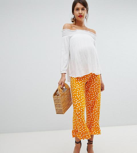 Asos Design - Umstandsmode - Gepunktete Hose Mit Bund Über Dem Babybauch Und Ausgestelltem Rüschensaum - Orange