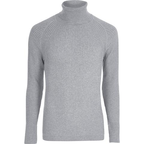 Grey Ribbed Muscle Fit Roll Neck Sweater