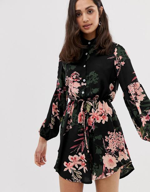 Parisian - Vestito Camicia Senza Colletto A Fiori - Nero