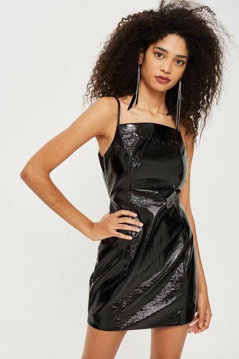 Womens Cracked Vinyl Mini Shift Dress - Black, Black