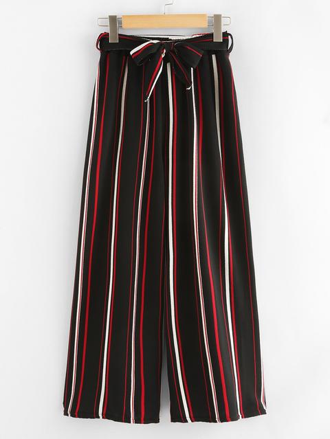 Pantalones Anchos De Rayas De Cintura Con Lazo