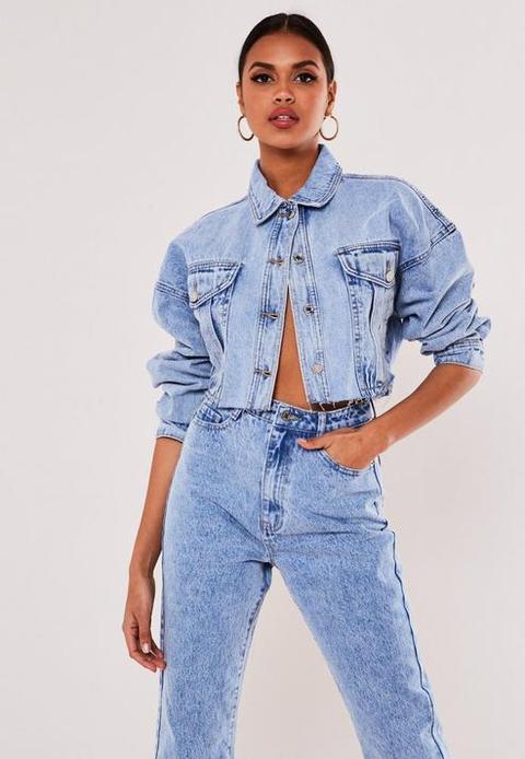 Light Blue Co Ord Stone Wash Raw Hem Denim Jacket, Blue