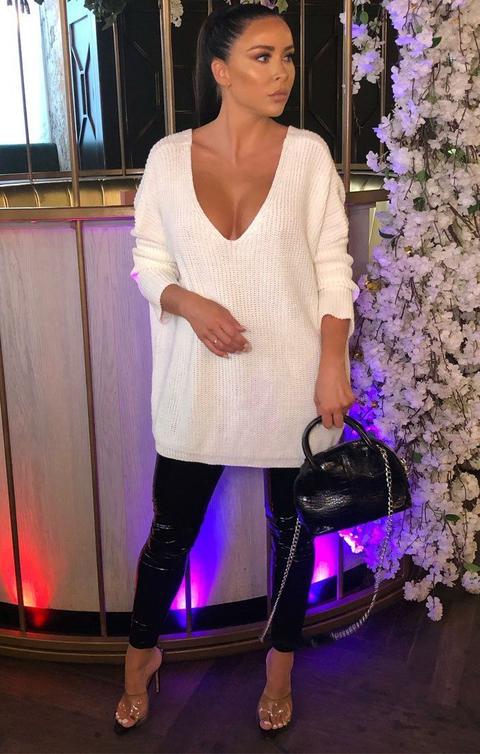 Cream Deep Plunge Knitted Oversized Jumper - Rosie
