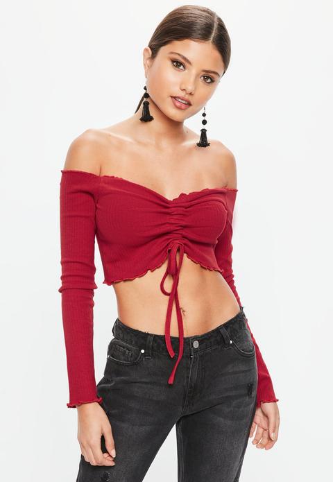 Red Ruched Front Bardot Crop Top