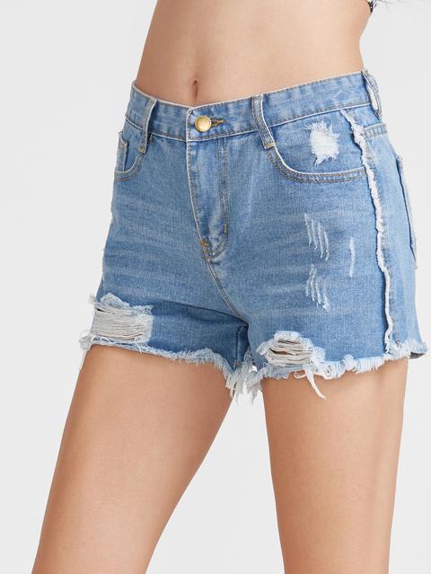 Light Blue Strappato Raw Denim Shorts Hem