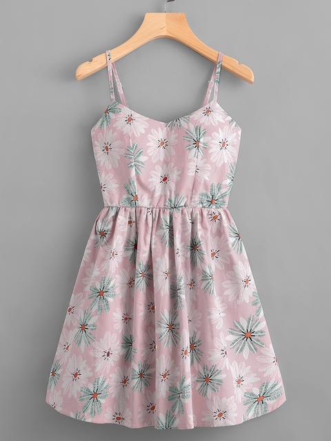 Leaf Print Random Lace Up Back Cami Dress