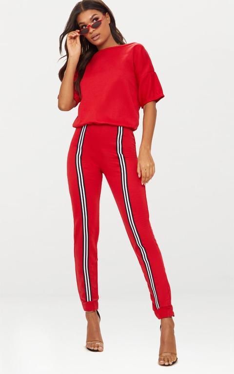 Red Loop Back Sports Stripe Jumpsuit, Red