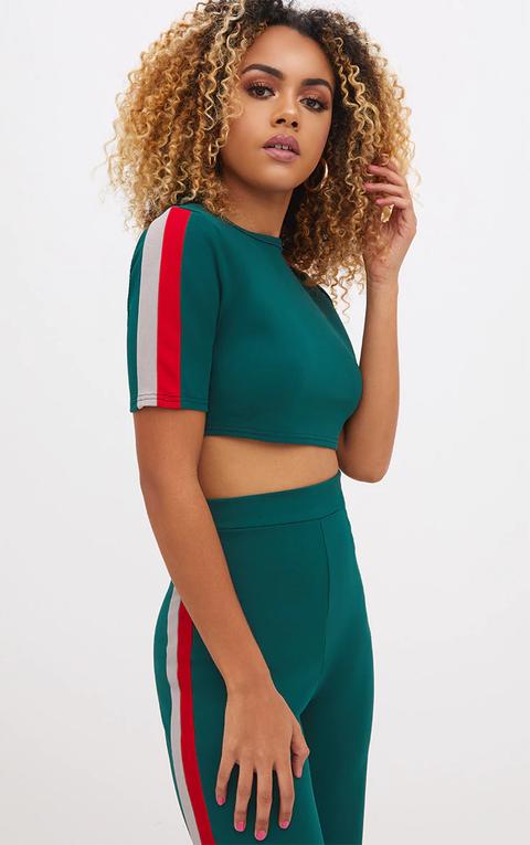 Forest Green Crepe Sport Stripe Crop Top, Forest Green