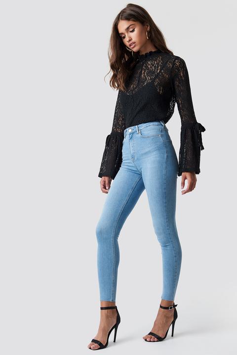 Skinny High Waist Raw Hem Jeans Blau