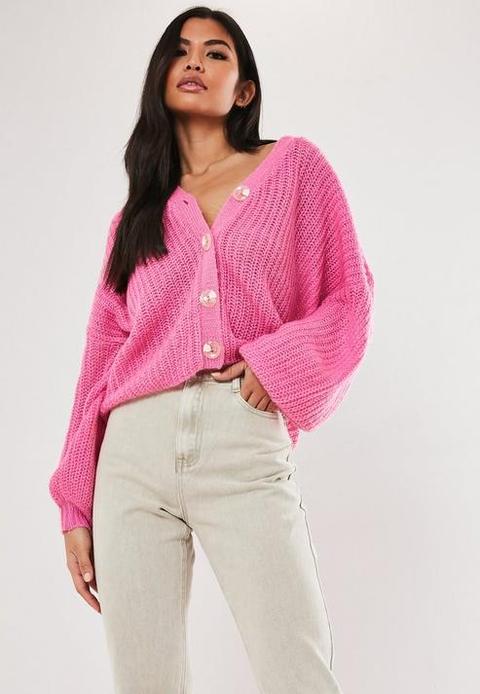 Pink Knit Drop Shoulder Cropped Cardigan, Pink
