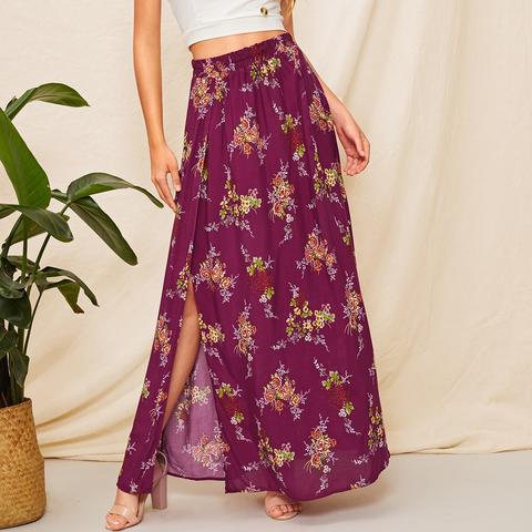 Falda Maxi Con Estampado Floral De Muslo Con Abertura