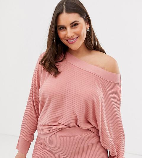 Sudadera Confort Con Escote Bardot En Tejido De Punto De Canalé De Asos Design Curve-rosa