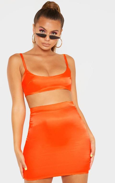 Neon Orange Satin Scoop Neck Crop Top