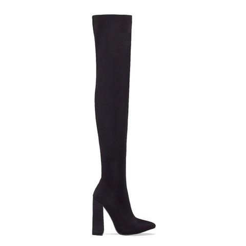 Naomi Black Lycra Block Heel Thigh High Boots