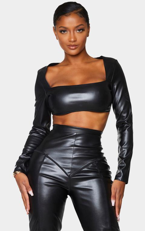 Shape Black Square Neck Long Sleeve Pu Crop Top