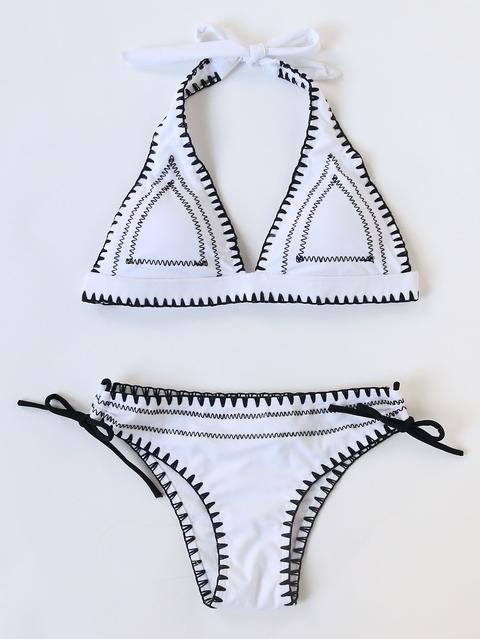 White Contrast Trim Halter Side Tie Bikini Set