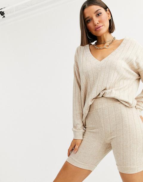 Asos Design Lounge Chunky Rib Plunge Sweater And Legging Short-beige