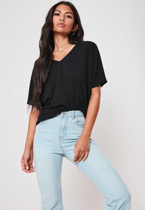 Black Rib V Neck Oversized Boyfriend T Shirt, Black