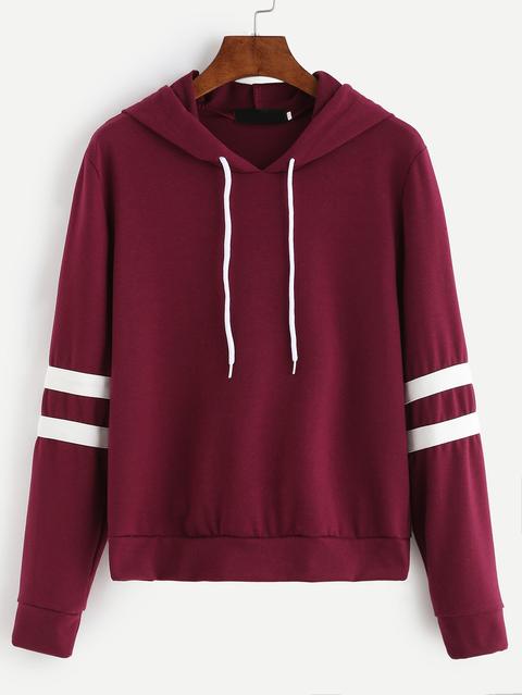 Burgundy Varsity Striped Drawstring Hooded Sweatshirt