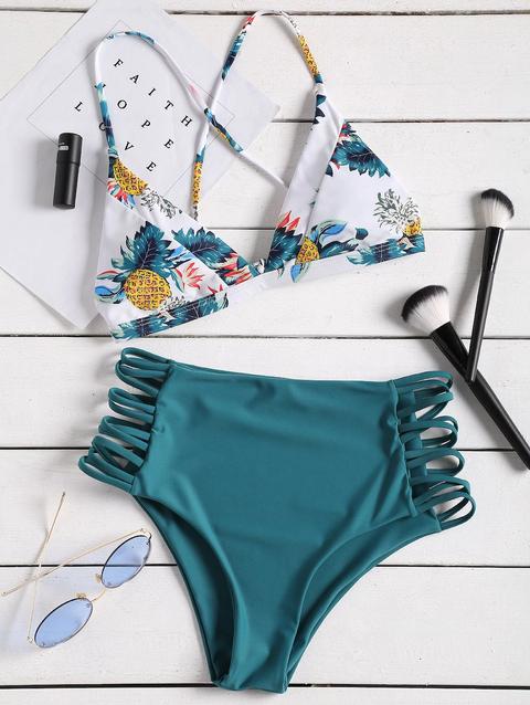 Bikini A Vita Alta Con Stampa Tropicale Peacock Blue Yellow Black